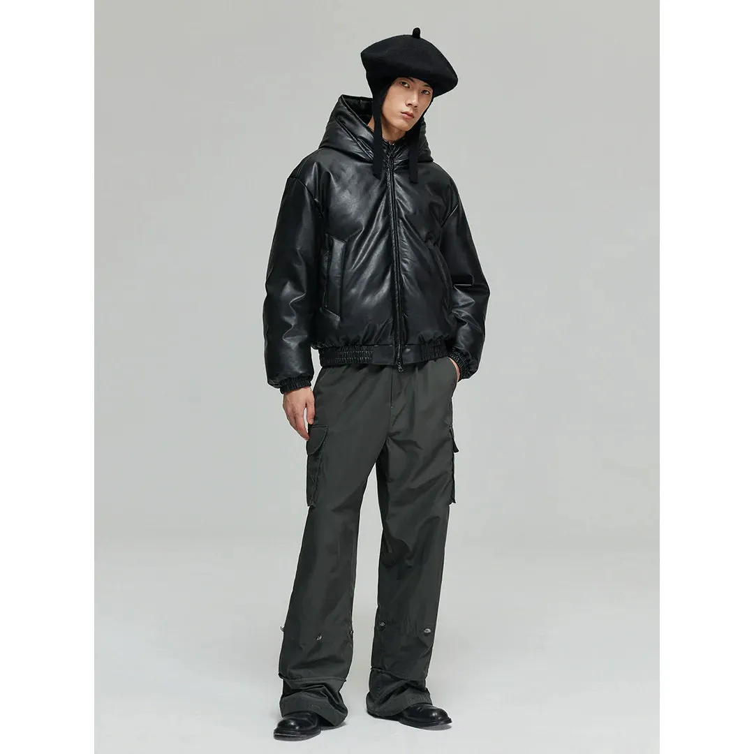 Faux Leather Hooded Puffer Jacket