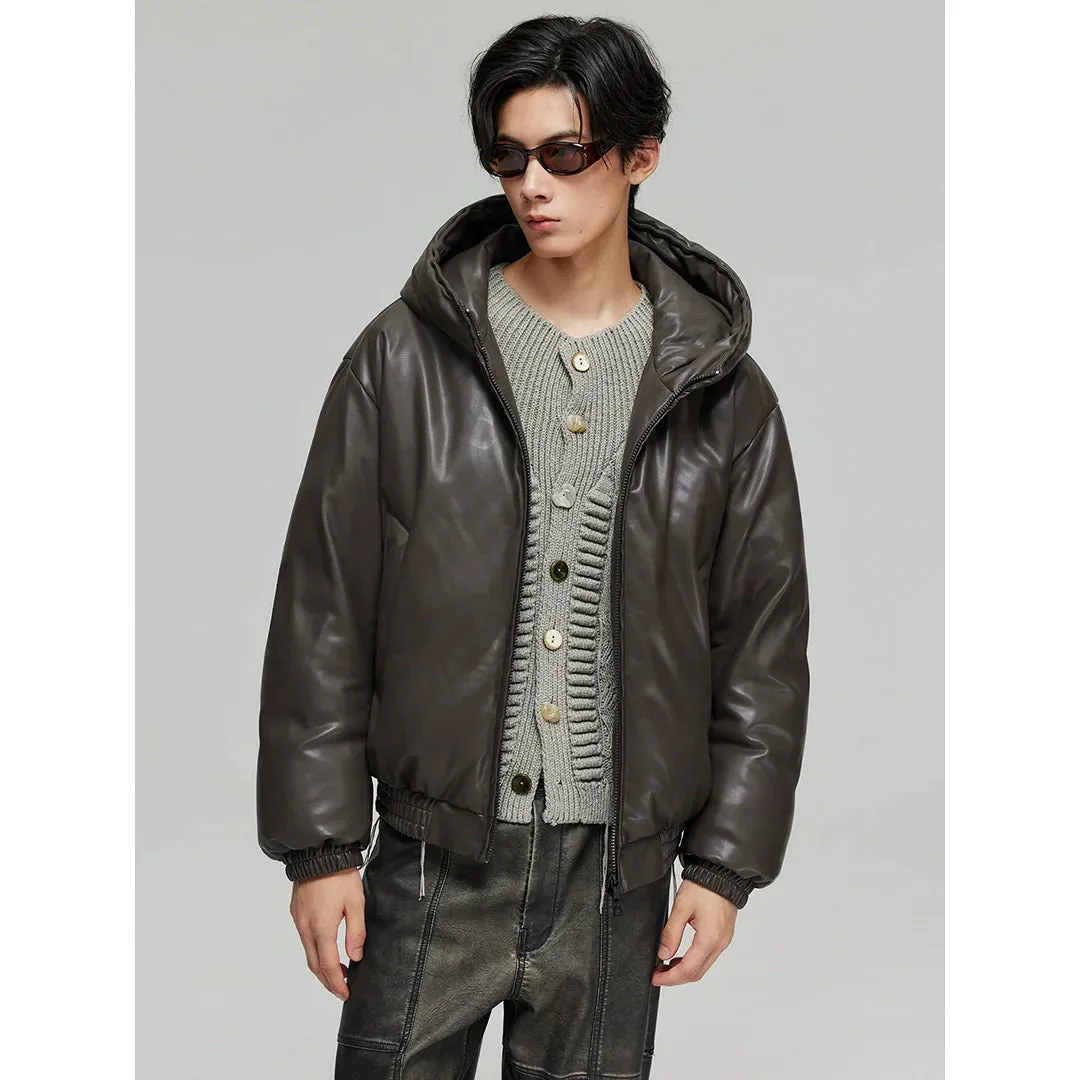 Faux Leather Hooded Puffer Jacket