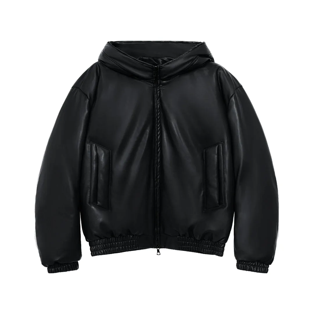 Faux Leather Hooded Puffer Jacket