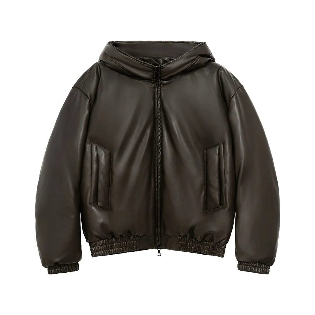 Faux Leather Hooded Puffer Jacket
