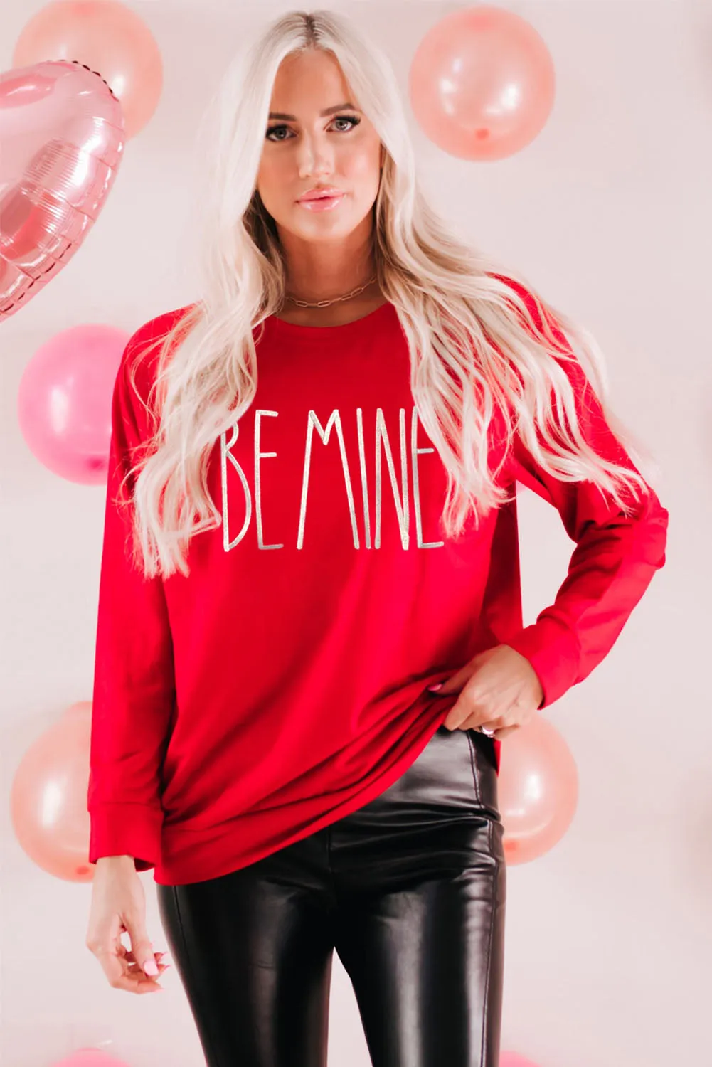 Fiery Red BE MINE Embroidered Long Sleeve Sweatshirt