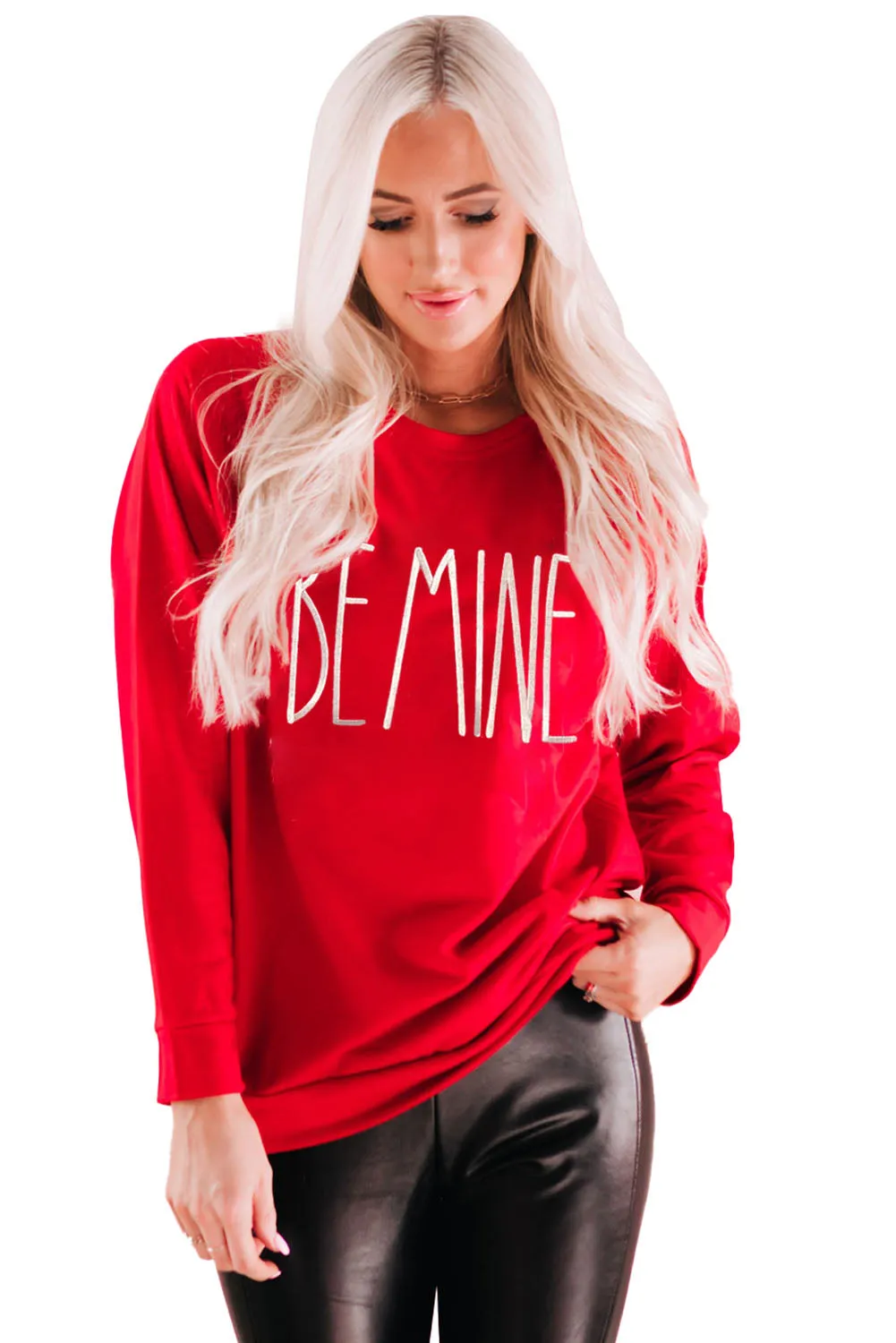 Fiery Red BE MINE Embroidered Long Sleeve Sweatshirt