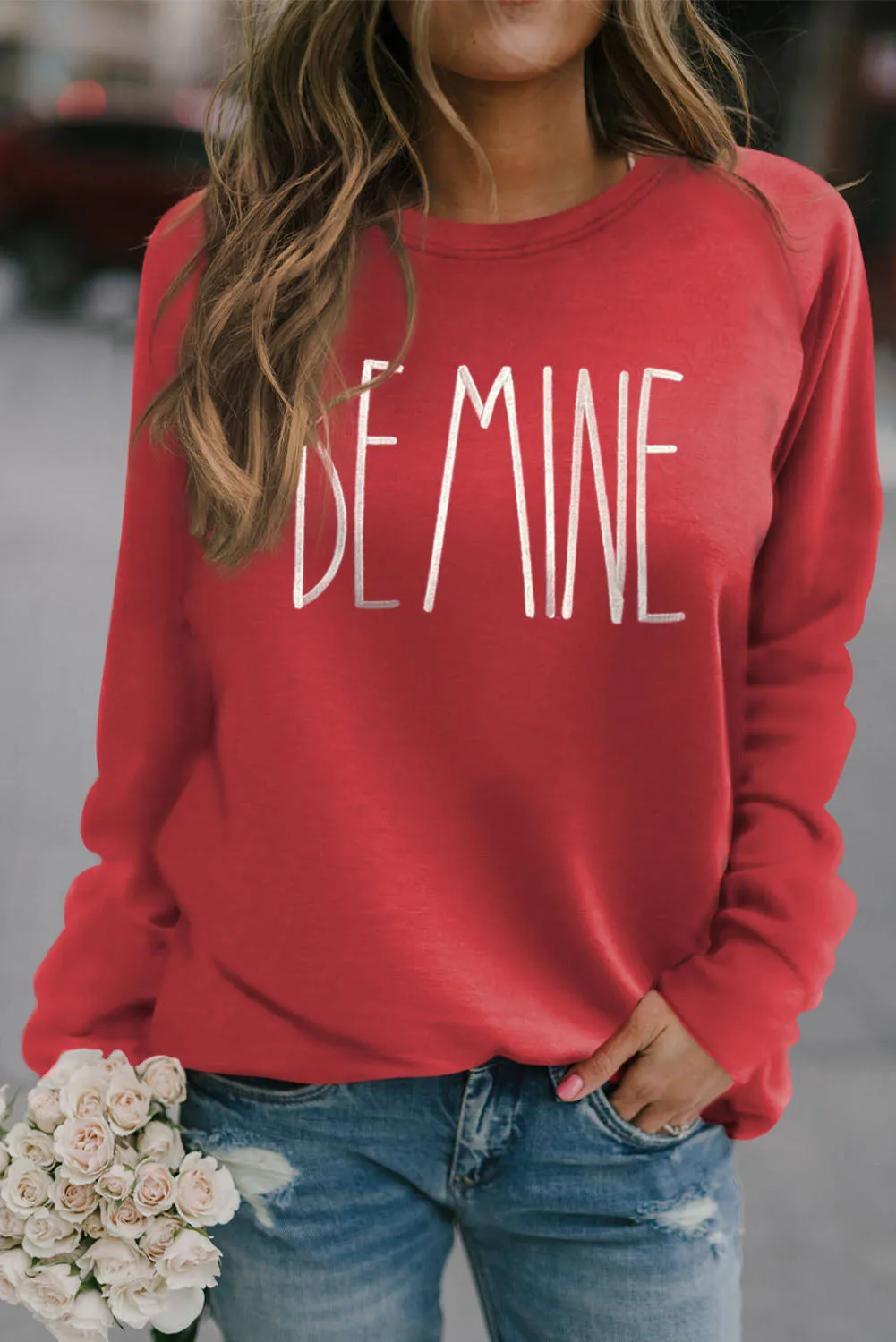 Fiery Red BE MINE Embroidered Long Sleeve Sweatshirt