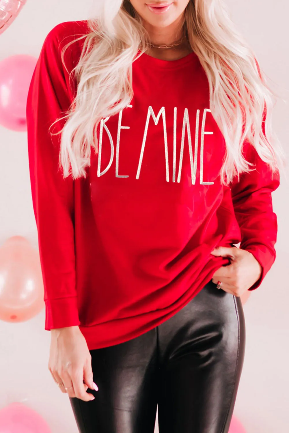 Fiery Red BE MINE Embroidered Long Sleeve Sweatshirt