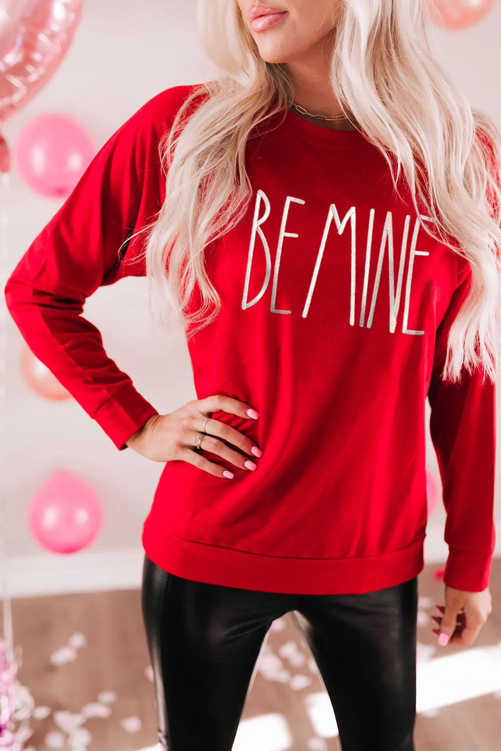 Fiery Red BE MINE Embroidered Long Sleeve Sweatshirt