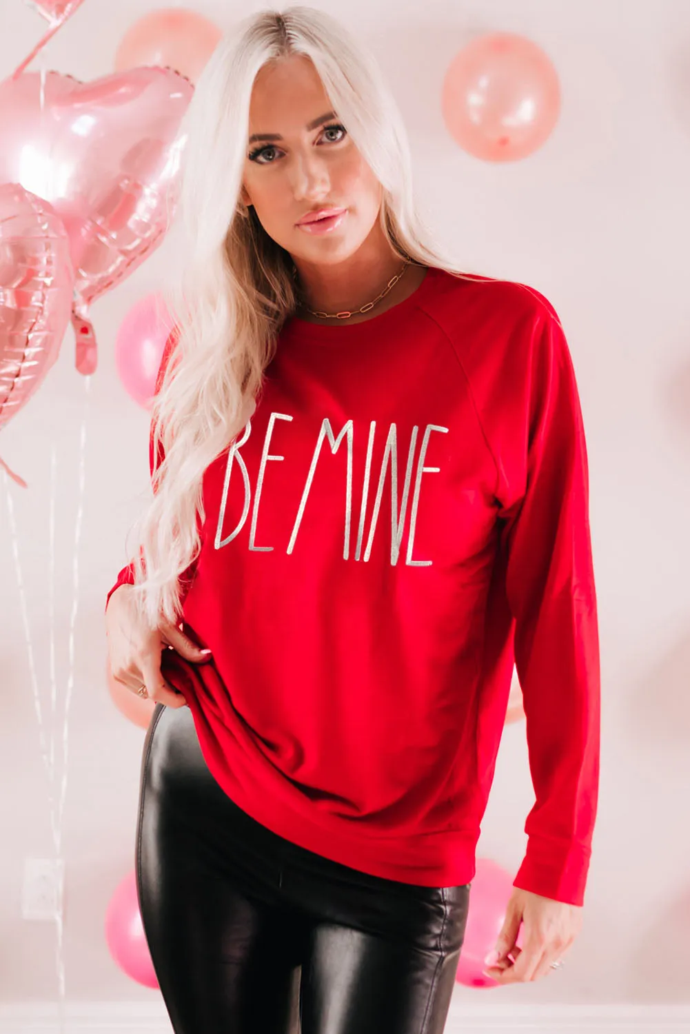 Fiery Red BE MINE Embroidered Long Sleeve Sweatshirt