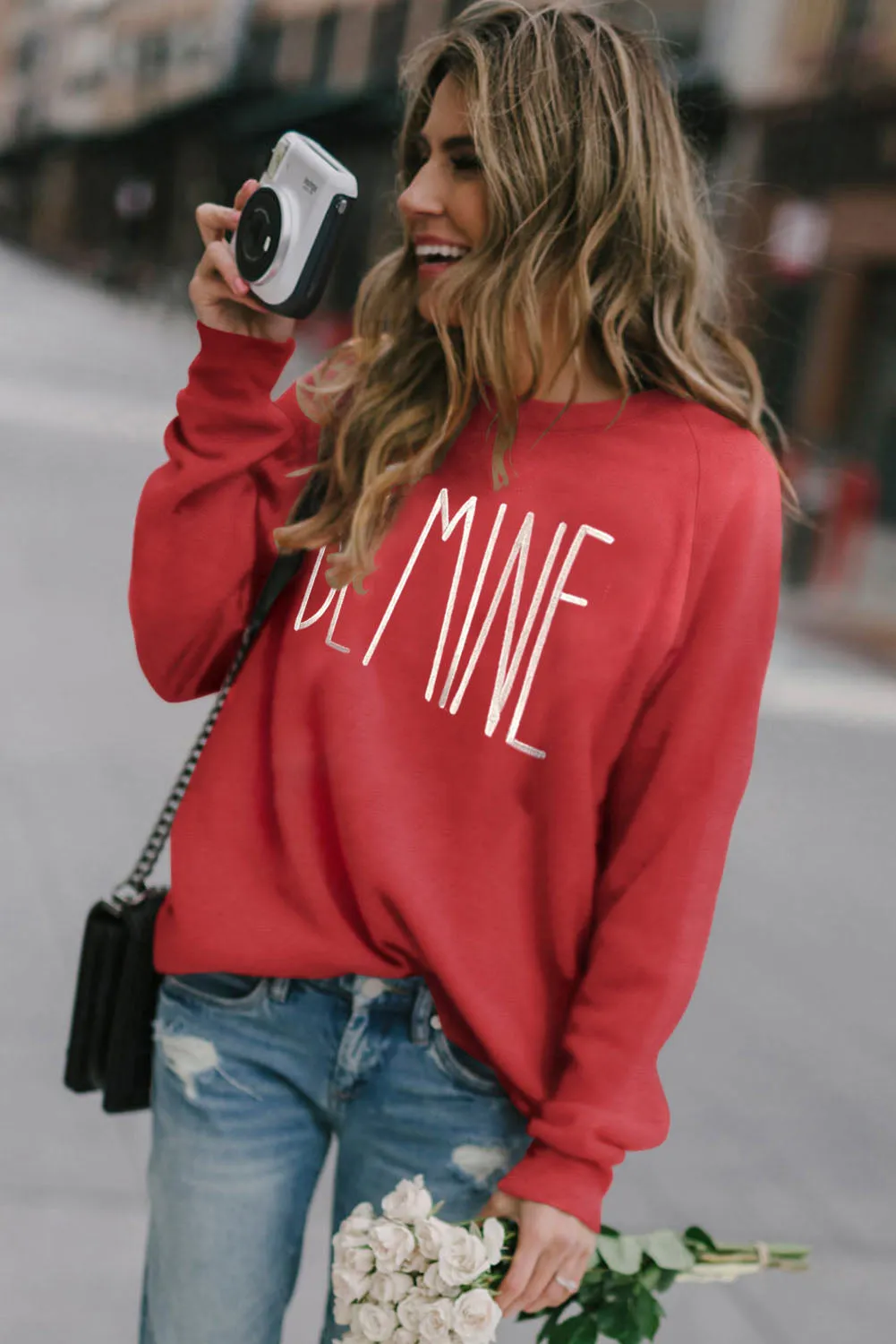 Fiery Red BE MINE Embroidered Long Sleeve Sweatshirt