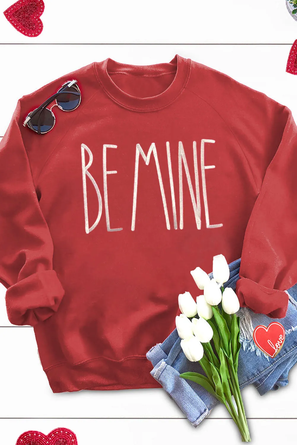 Fiery Red BE MINE Embroidered Long Sleeve Sweatshirt