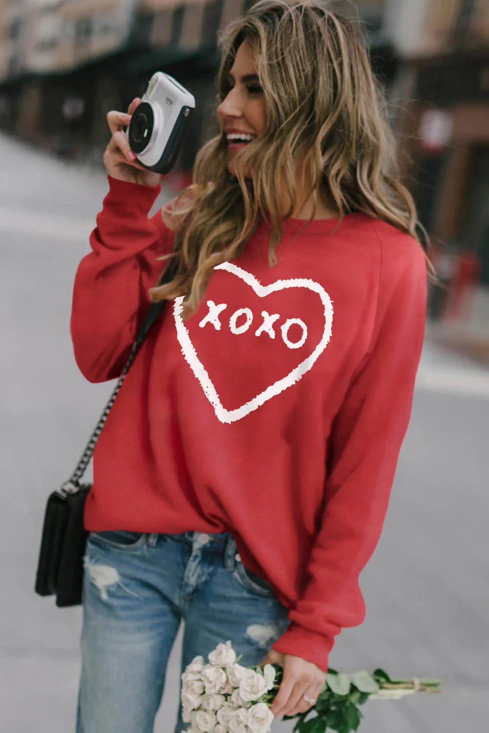 Fiery Red xoxo Heart Pattern Print Valentines Sweatshirt