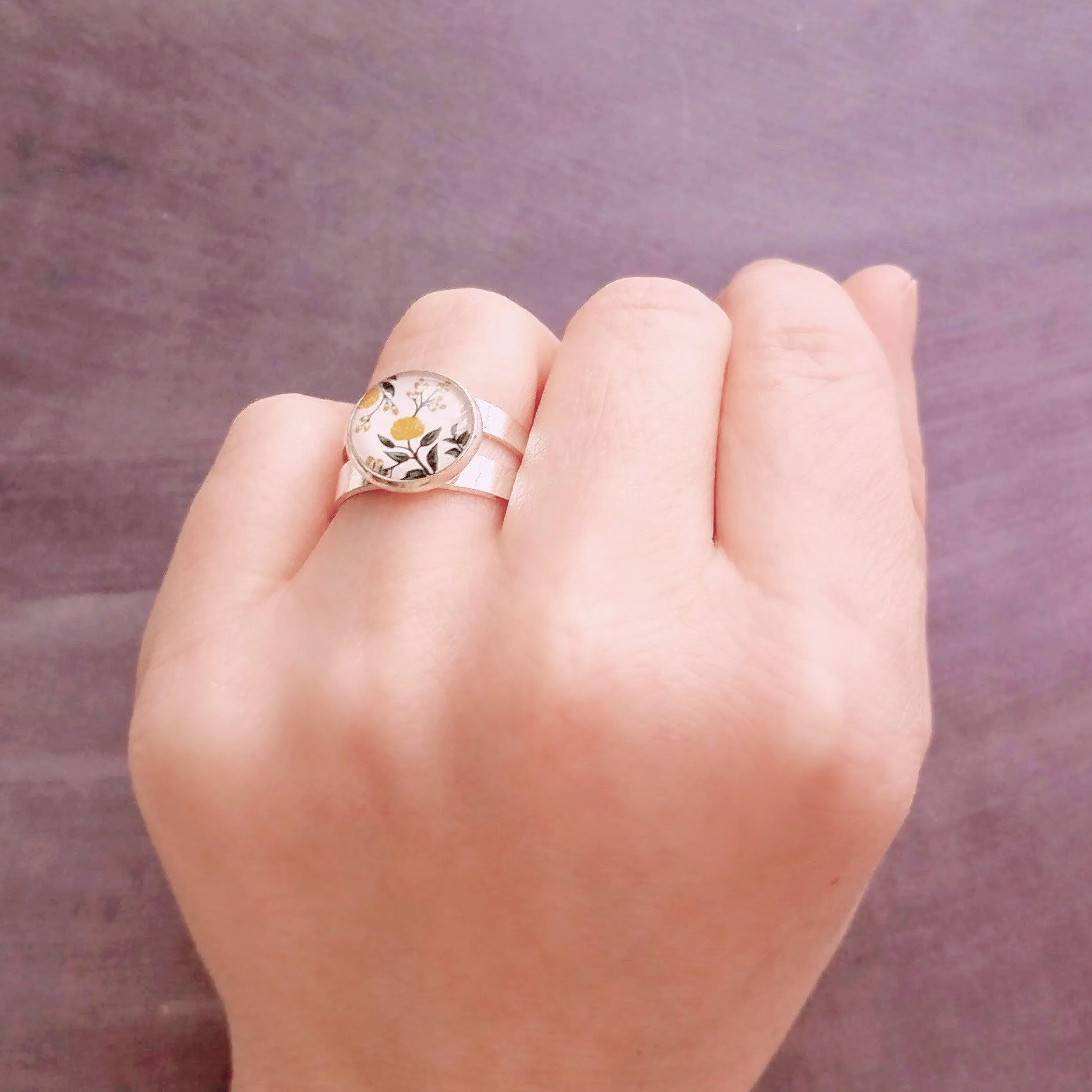 Flower Ring, wide silver band ring, double band ring, adjustable silver ring, round glass stone ring, yellow floral ring, 5 6 7 8 9 large