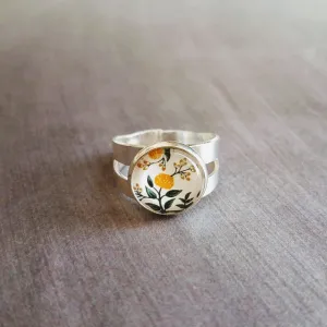 Flower Ring, wide silver band ring, double band ring, adjustable silver ring, round glass stone ring, yellow floral ring, 5 6 7 8 9 large