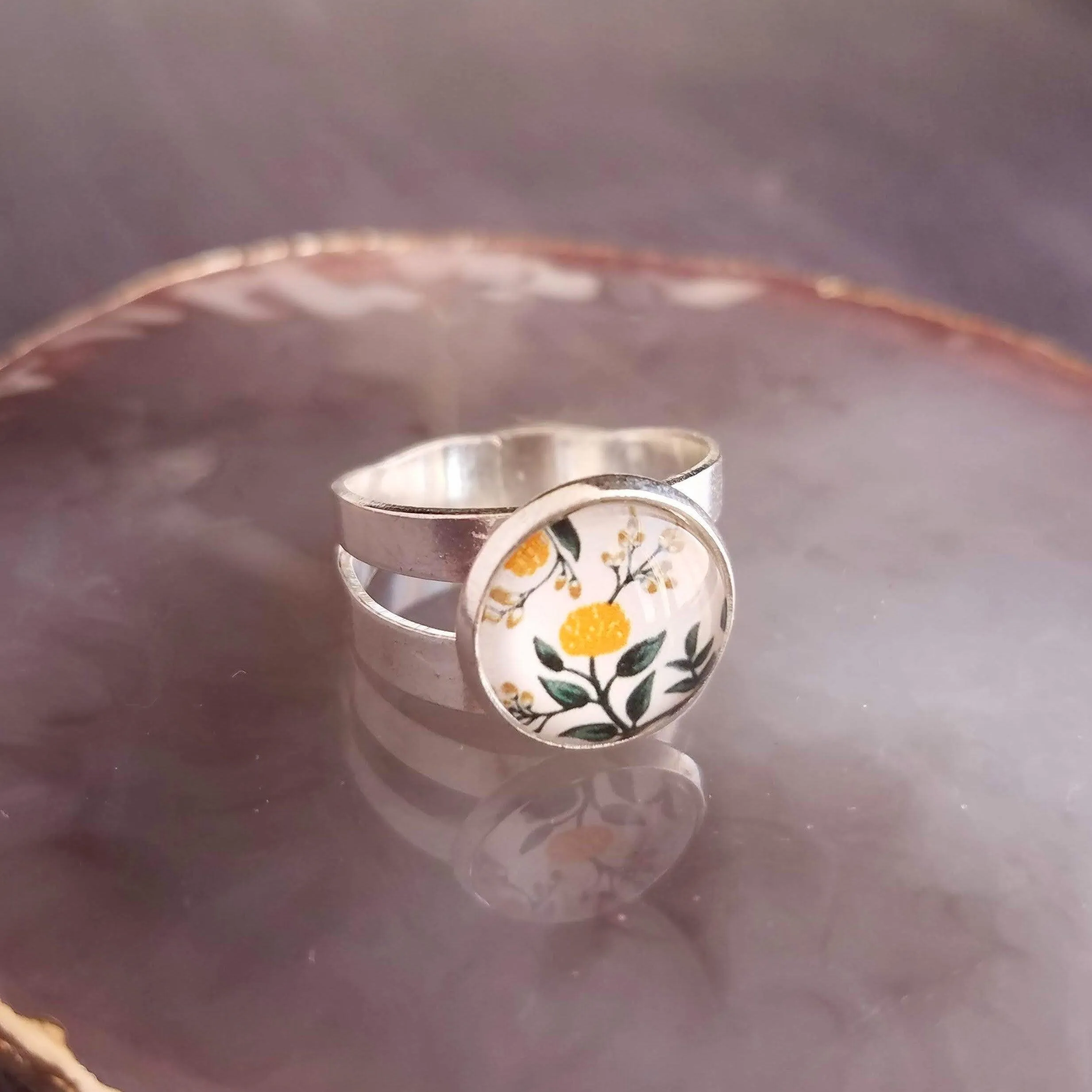 Flower Ring, wide silver band ring, double band ring, adjustable silver ring, round glass stone ring, yellow floral ring, 5 6 7 8 9 large