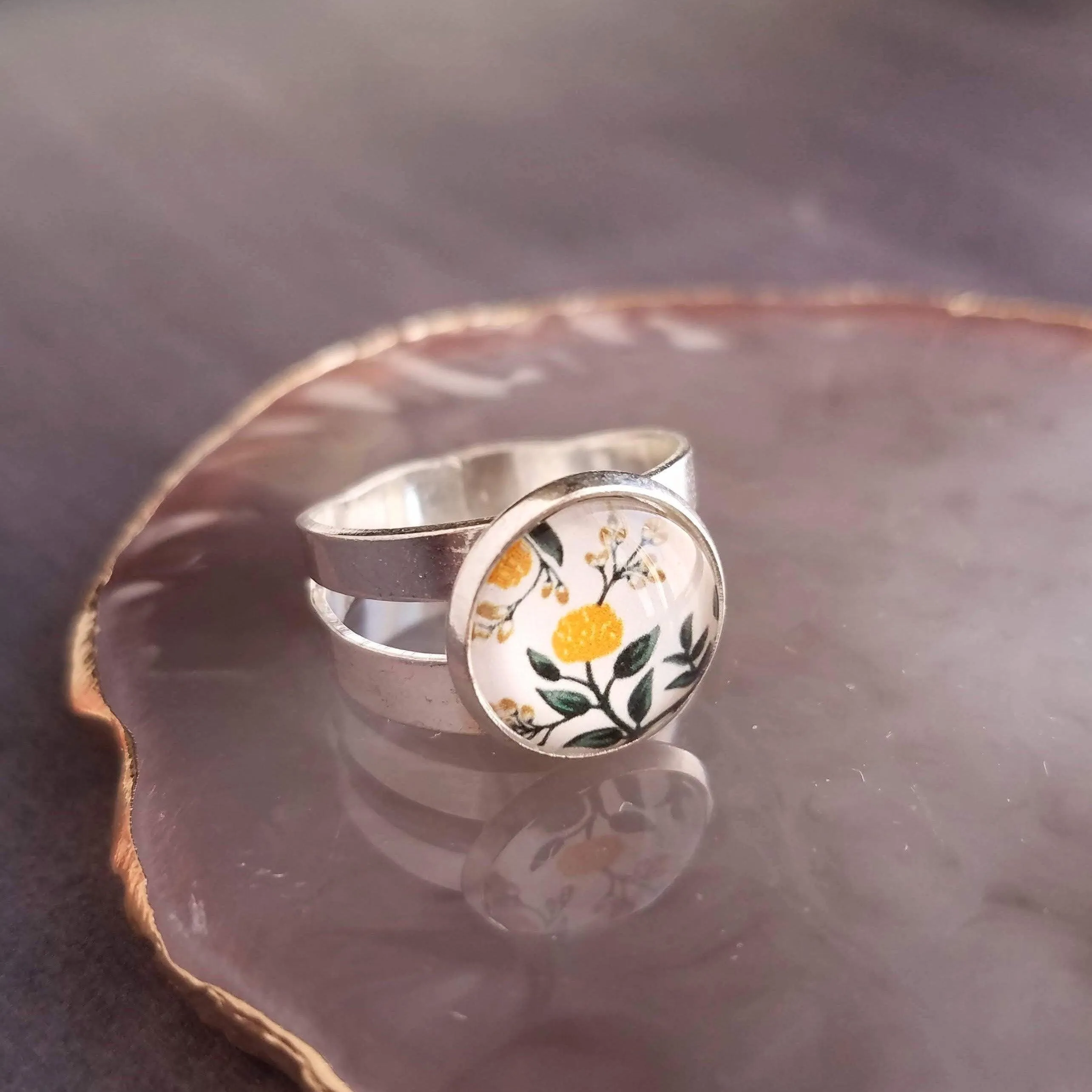 Flower Ring, wide silver band ring, double band ring, adjustable silver ring, round glass stone ring, yellow floral ring, 5 6 7 8 9 large