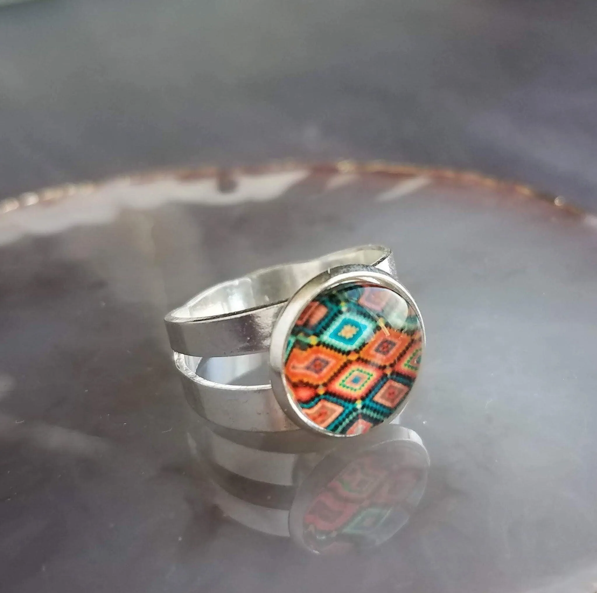 Flower Ring, wide silver band ring, double band ring, adjustable silver ring, round glass stone ring, yellow floral ring, 5 6 7 8 9 large