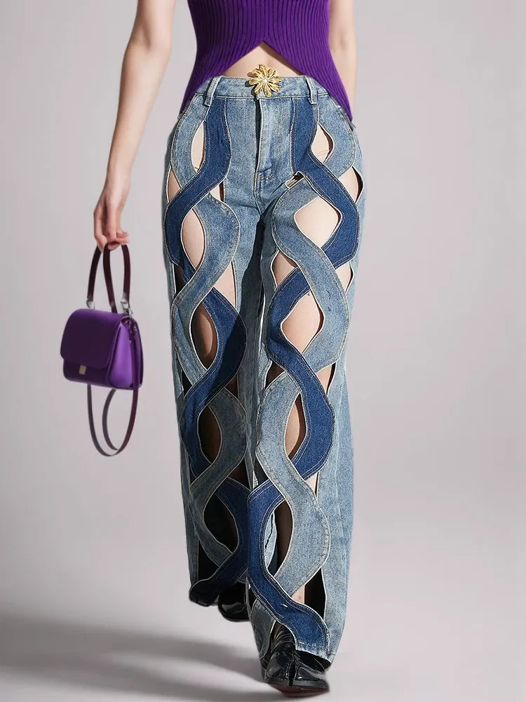 Folds Heart Serpentine Wide Leg Jeans Pants