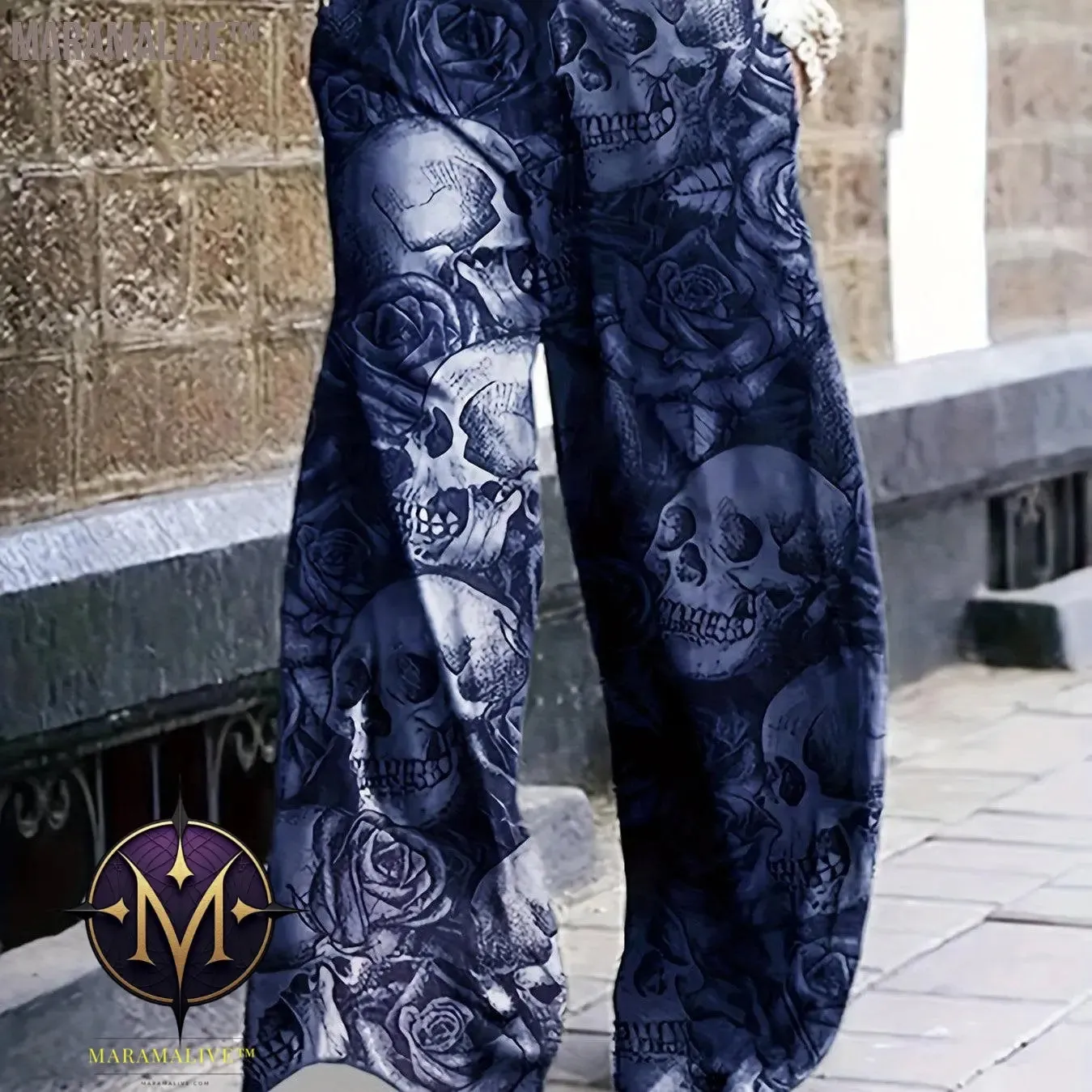 Full Skull Print Wide Leg Pants, Casual Pants For Spring & Fall, Women's Clothing