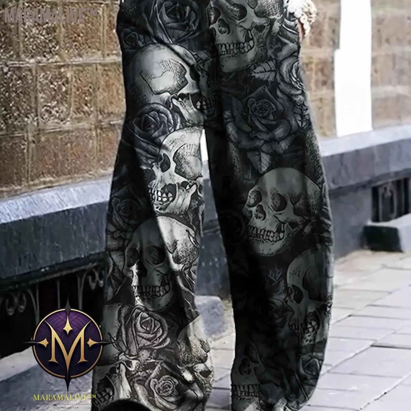 Full Skull Print Wide Leg Pants, Casual Pants For Spring & Fall, Women's Clothing