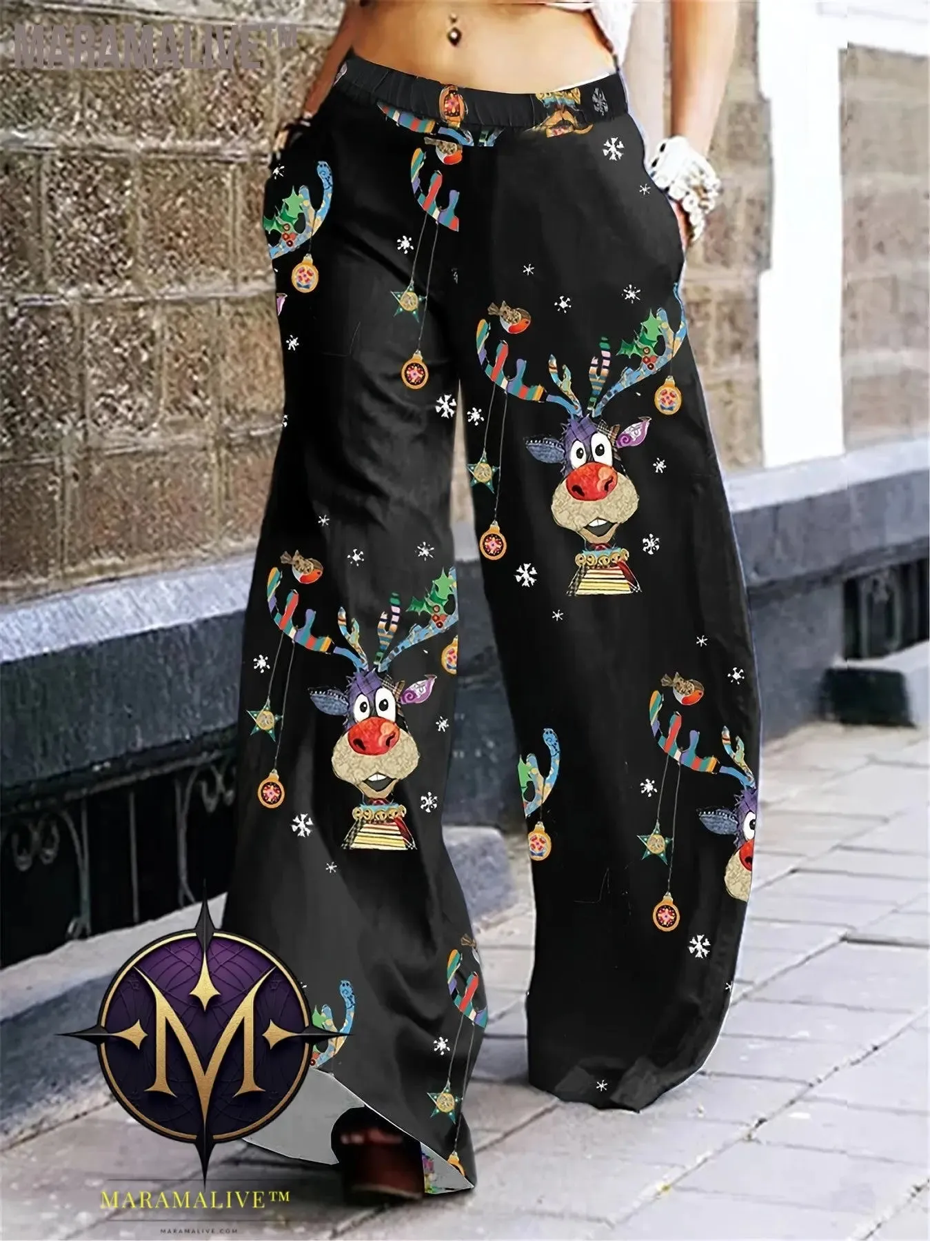 Full Skull Print Wide Leg Pants, Casual Pants For Spring & Fall, Women's Clothing