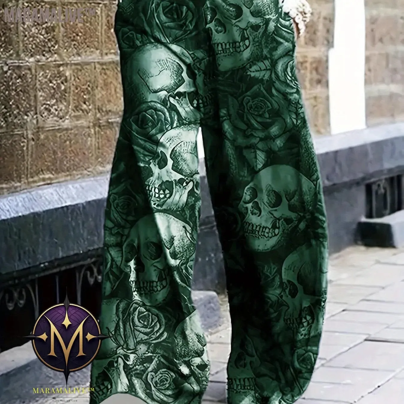 Full Skull Print Wide Leg Pants, Casual Pants For Spring & Fall, Women's Clothing