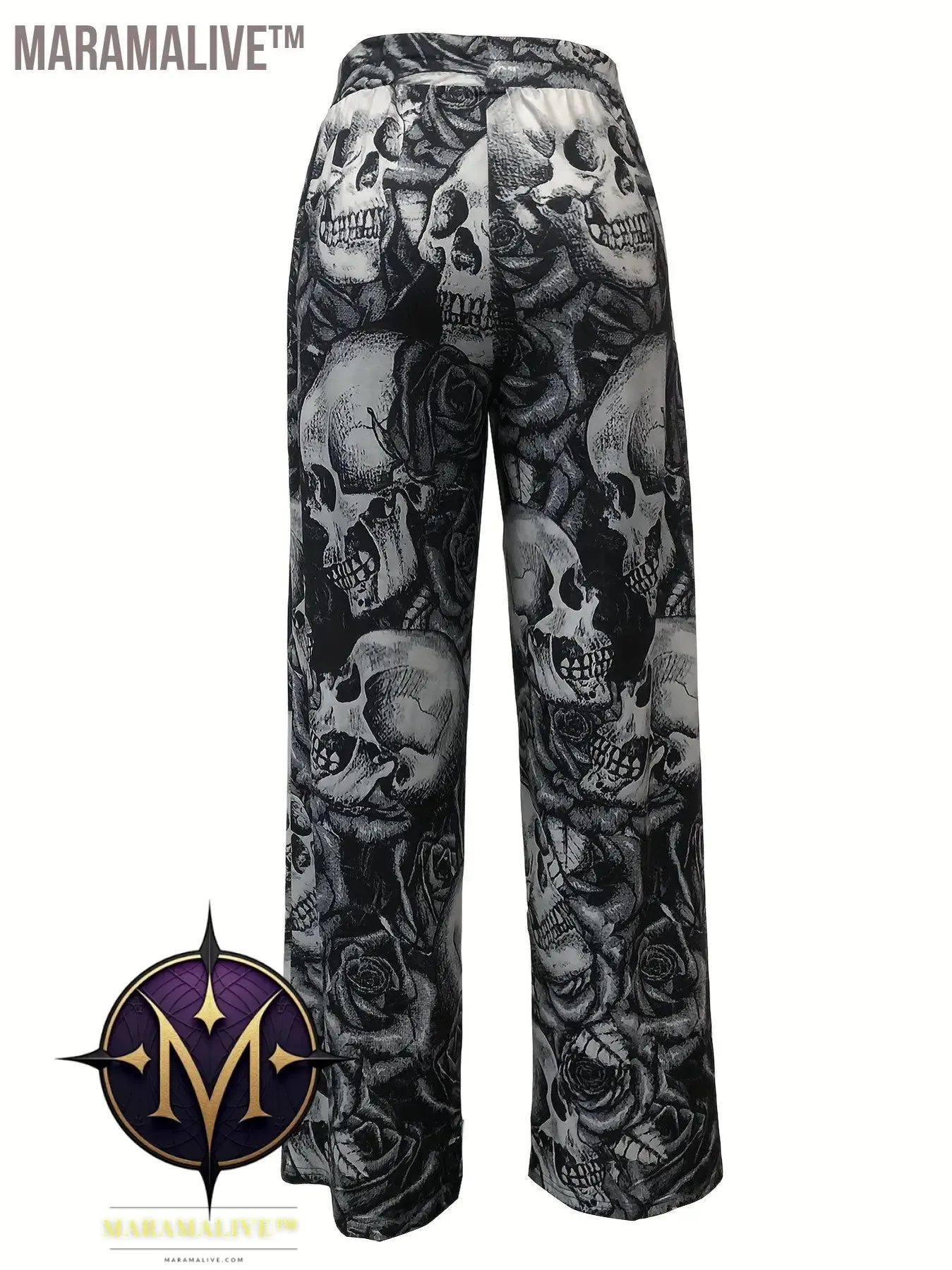 Full Skull Print Wide Leg Pants, Casual Pants For Spring & Fall, Women's Clothing