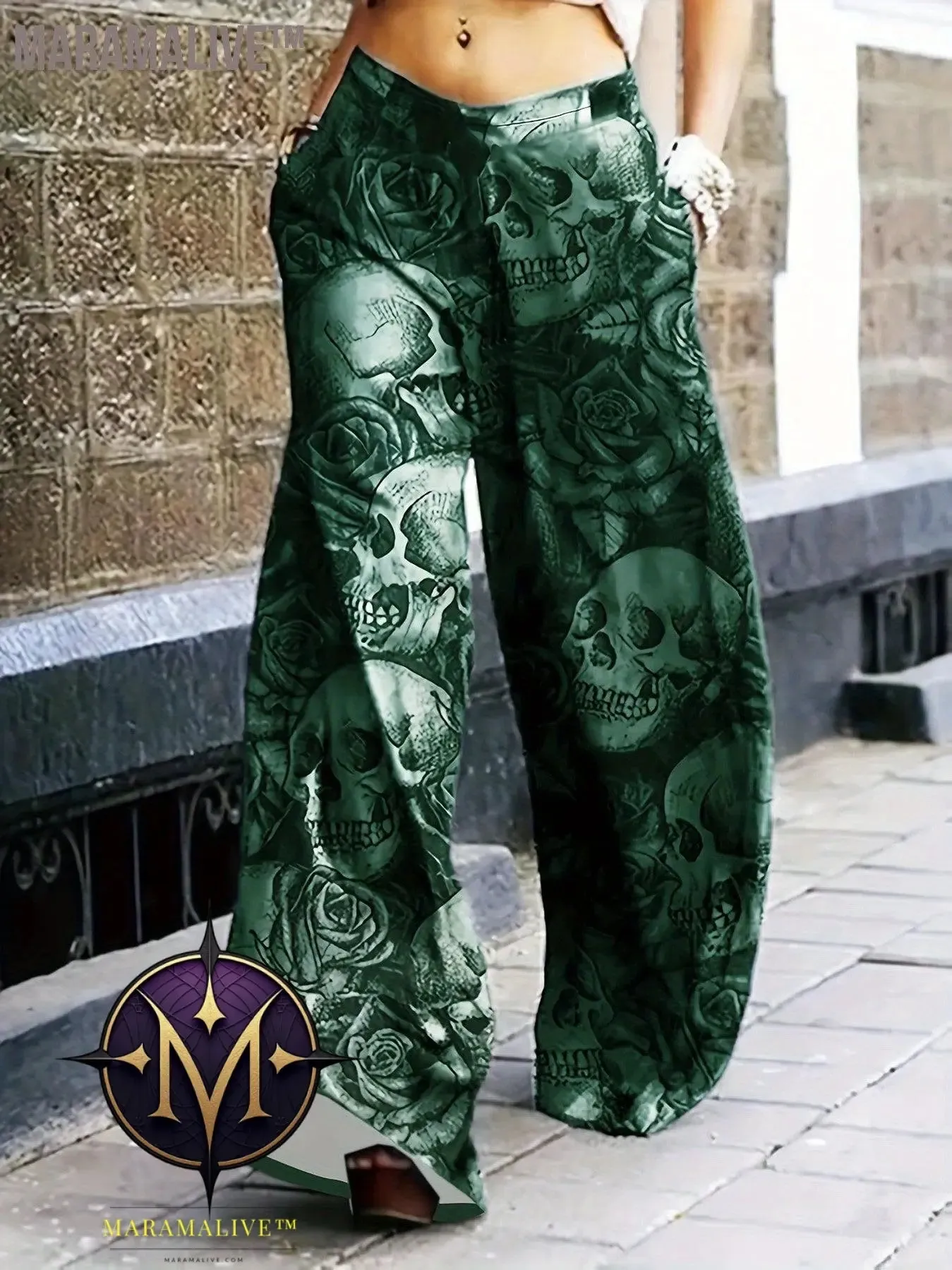 Full Skull Print Wide Leg Pants, Casual Pants For Spring & Fall, Women's Clothing