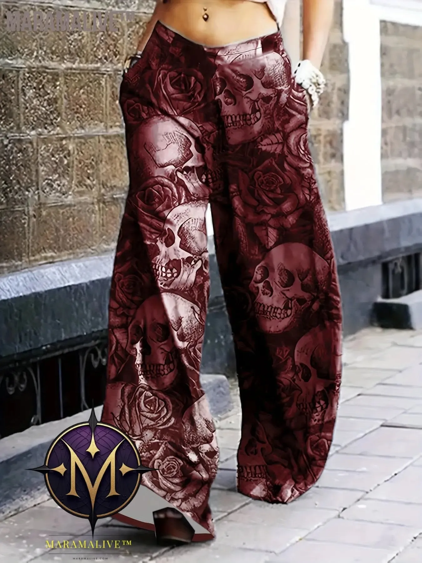 Full Skull Print Wide Leg Pants, Casual Pants For Spring & Fall, Women's Clothing
