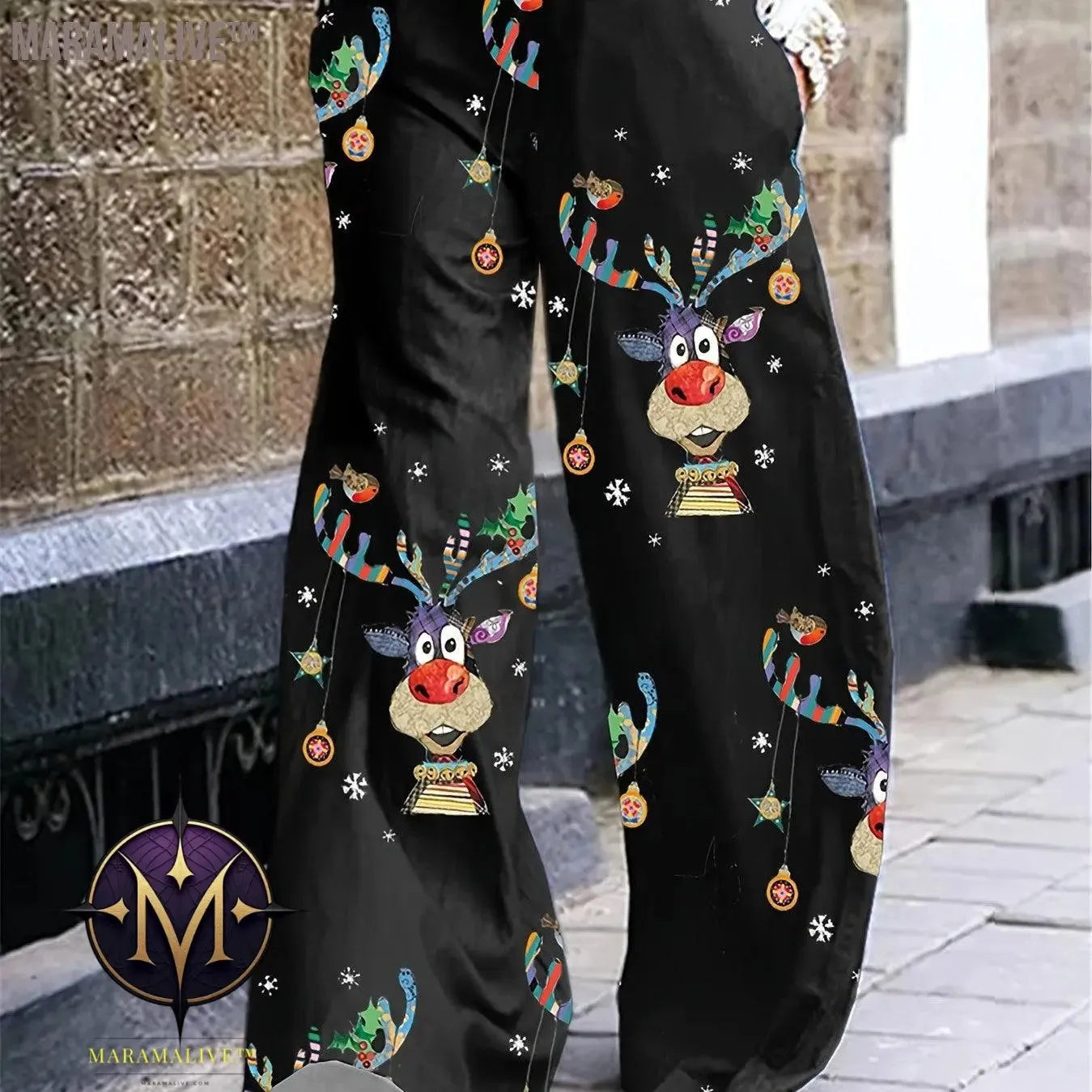 Full Skull Print Wide Leg Pants, Casual Pants For Spring & Fall, Women's Clothing