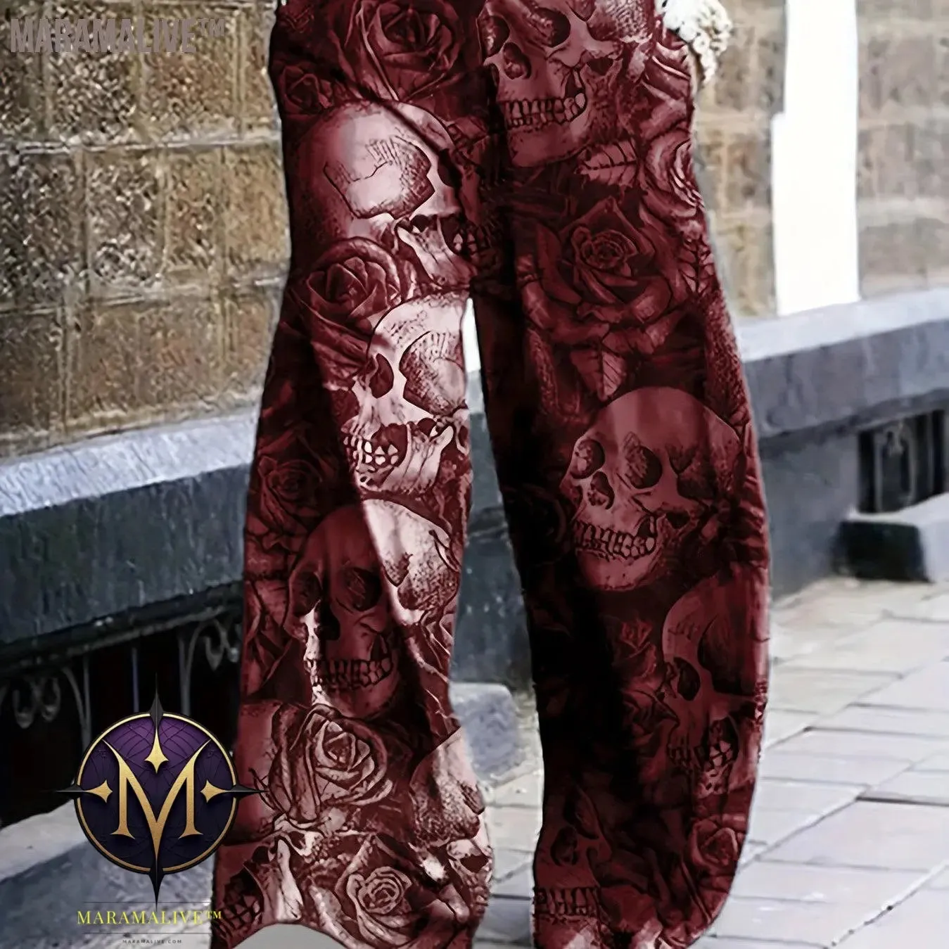 Full Skull Print Wide Leg Pants, Casual Pants For Spring & Fall, Women's Clothing