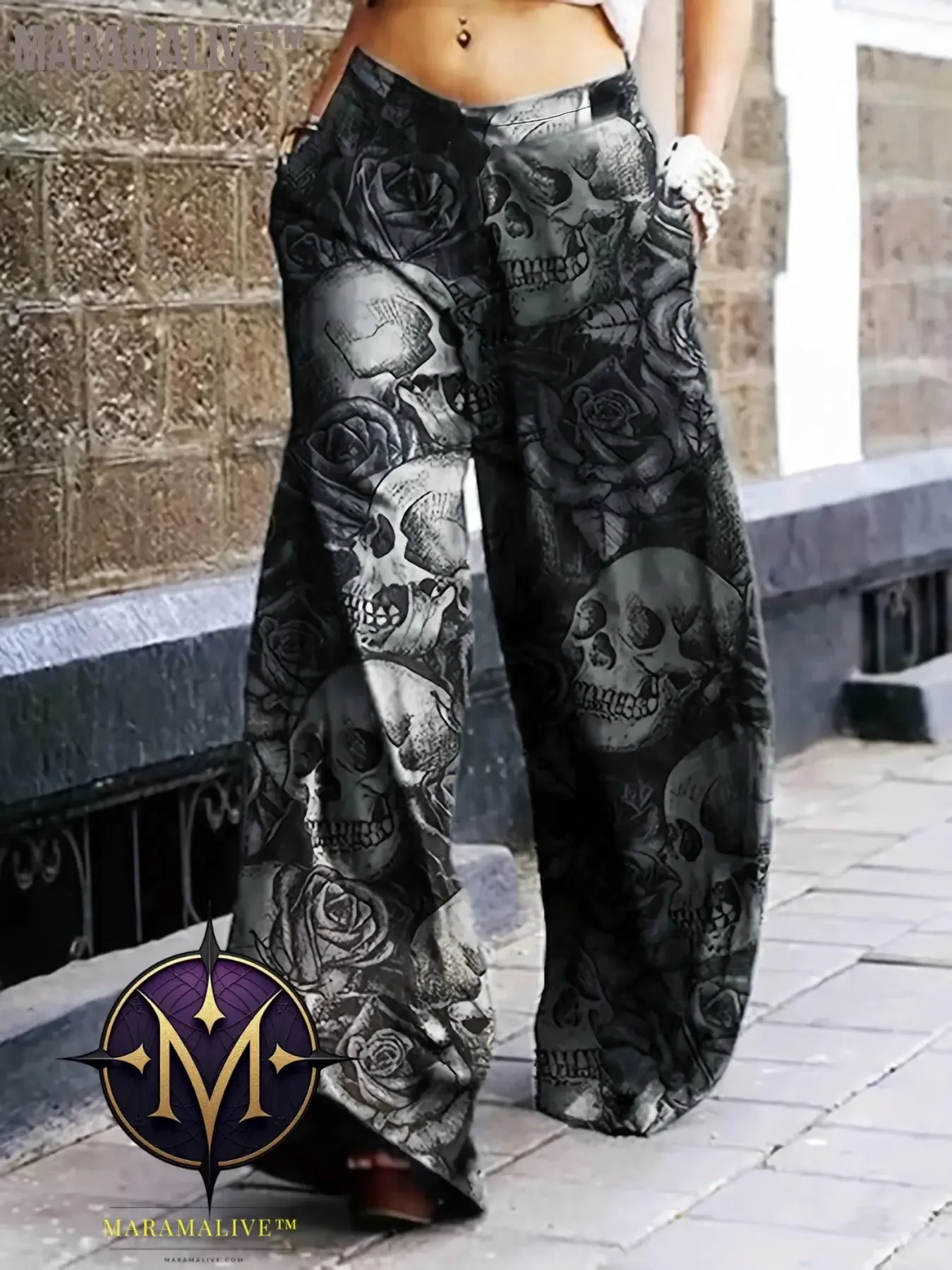 Full Skull Print Wide Leg Pants, Casual Pants For Spring & Fall, Women's Clothing