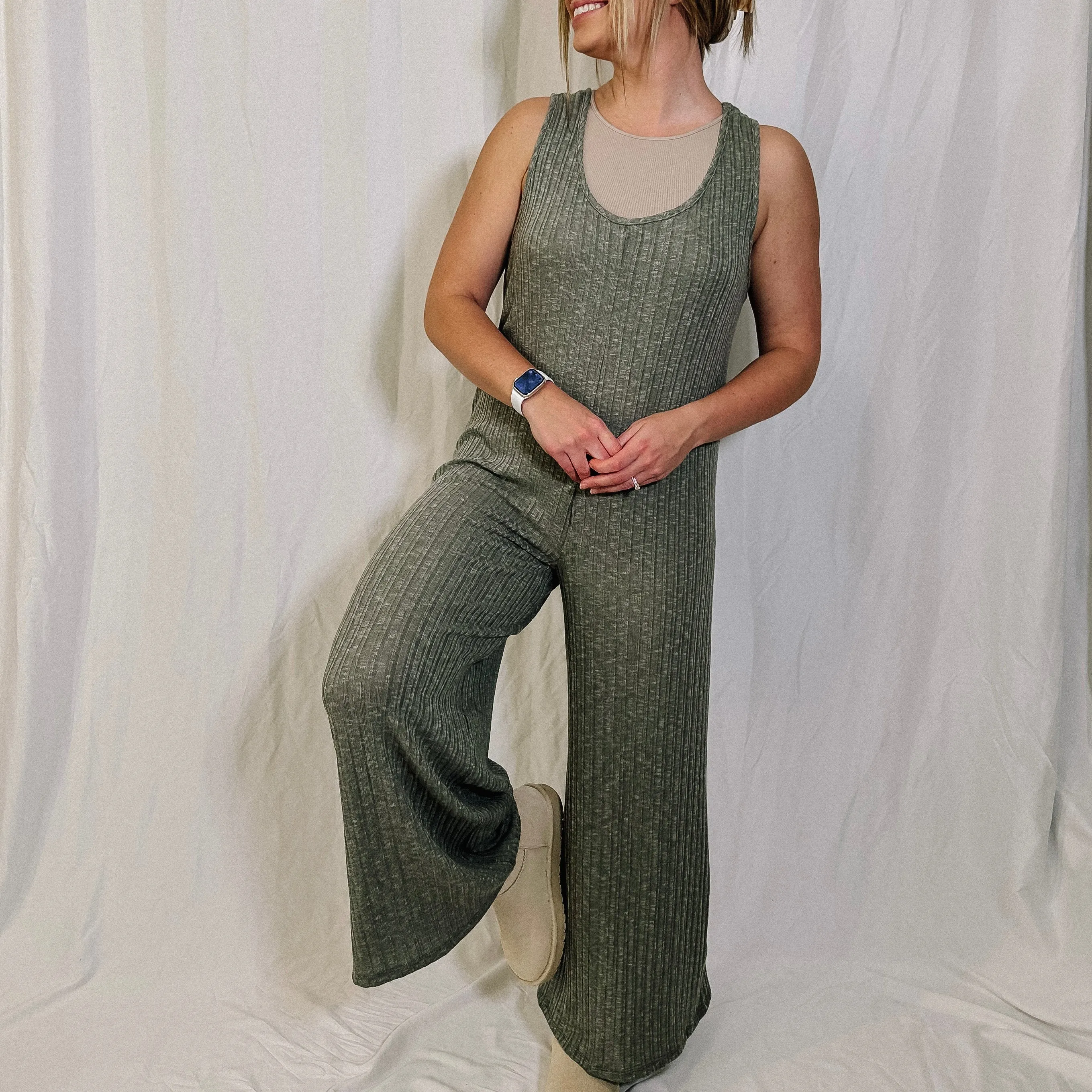 Go With The Flow Knit Jumpsuit - Olive - LAST ONE