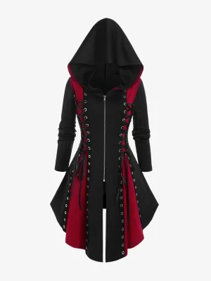 Gothic Hooded Lace Up Grommets Coat Long Sleeves Asymmetrical Zipper