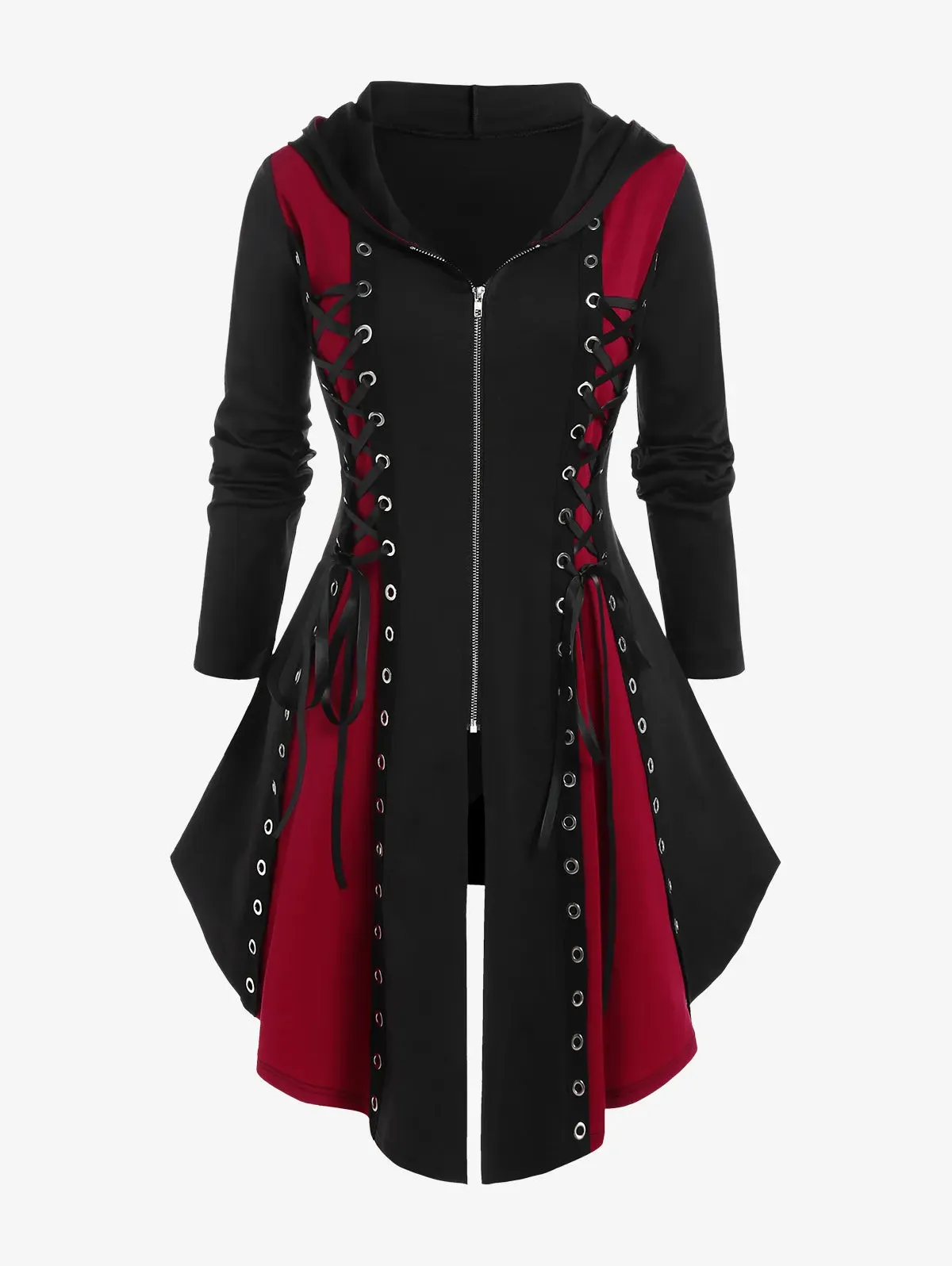 Gothic Hooded Lace Up Grommets Coat Long Sleeves Asymmetrical Zipper