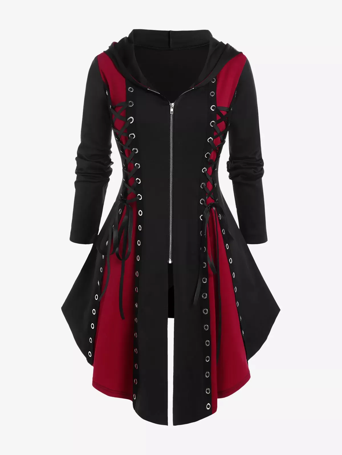 Gothic Hooded Lace Up Grommets Coat Long Sleeves Asymmetrical Zipper