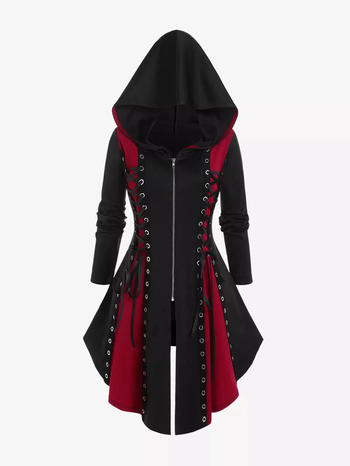 Gothic Hooded Lace Up Grommets Coat Long Sleeves Asymmetrical Zipper