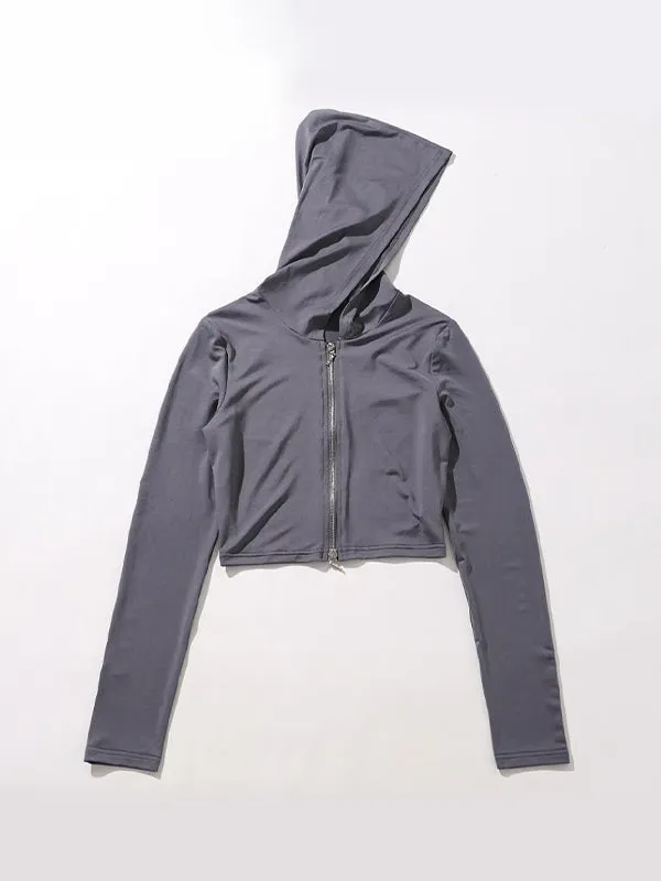 Grau Hip Pop Zip Up Kurzes Langarm T Shirt mit Kapuze