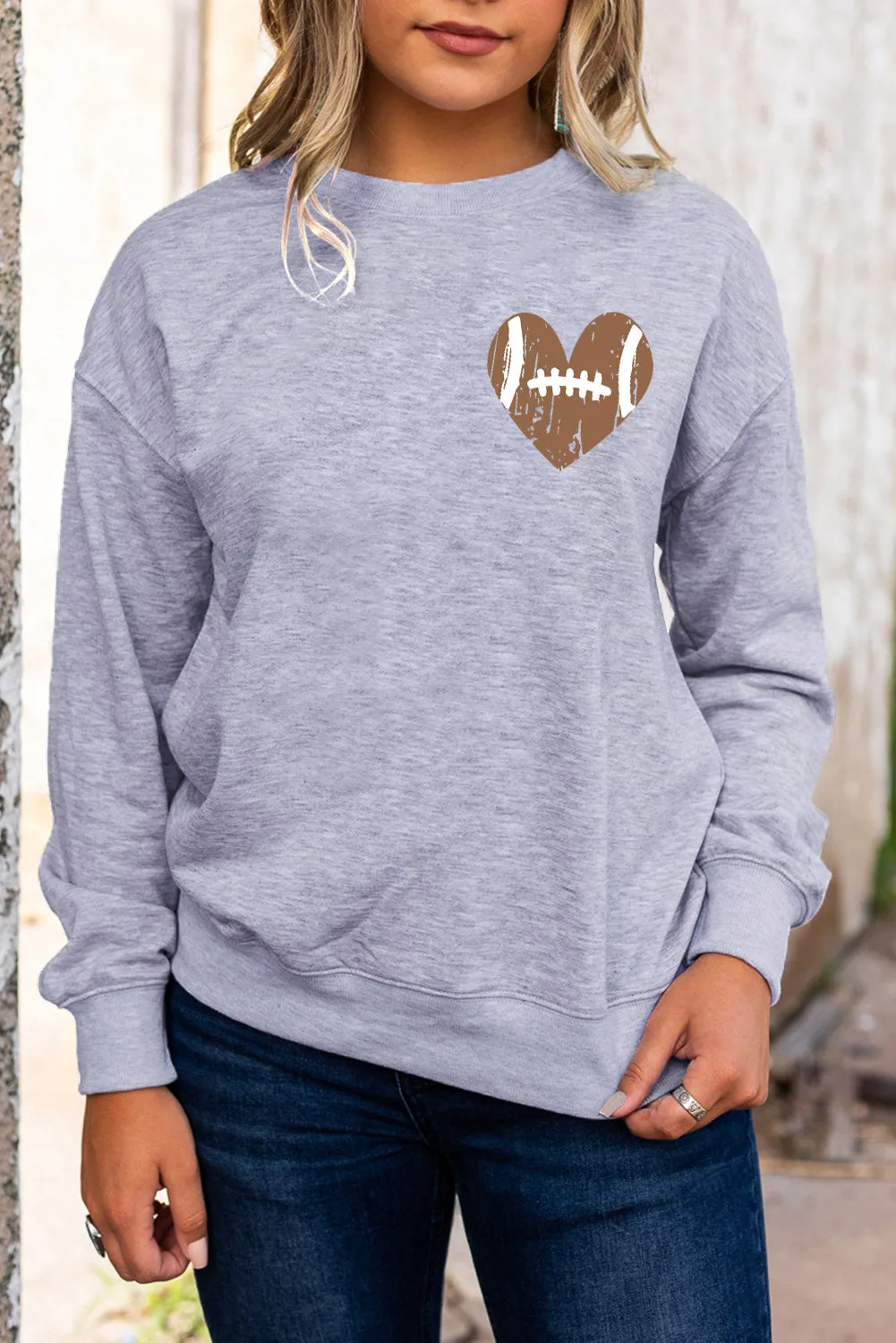Gray Rugby Heart Shape Print Long Sleeve Sweatshirt