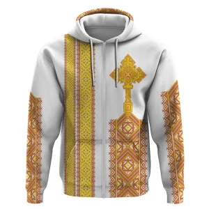 Habesha Motifs Ethiopia Zip Hoodie Tilet White Gold LT7