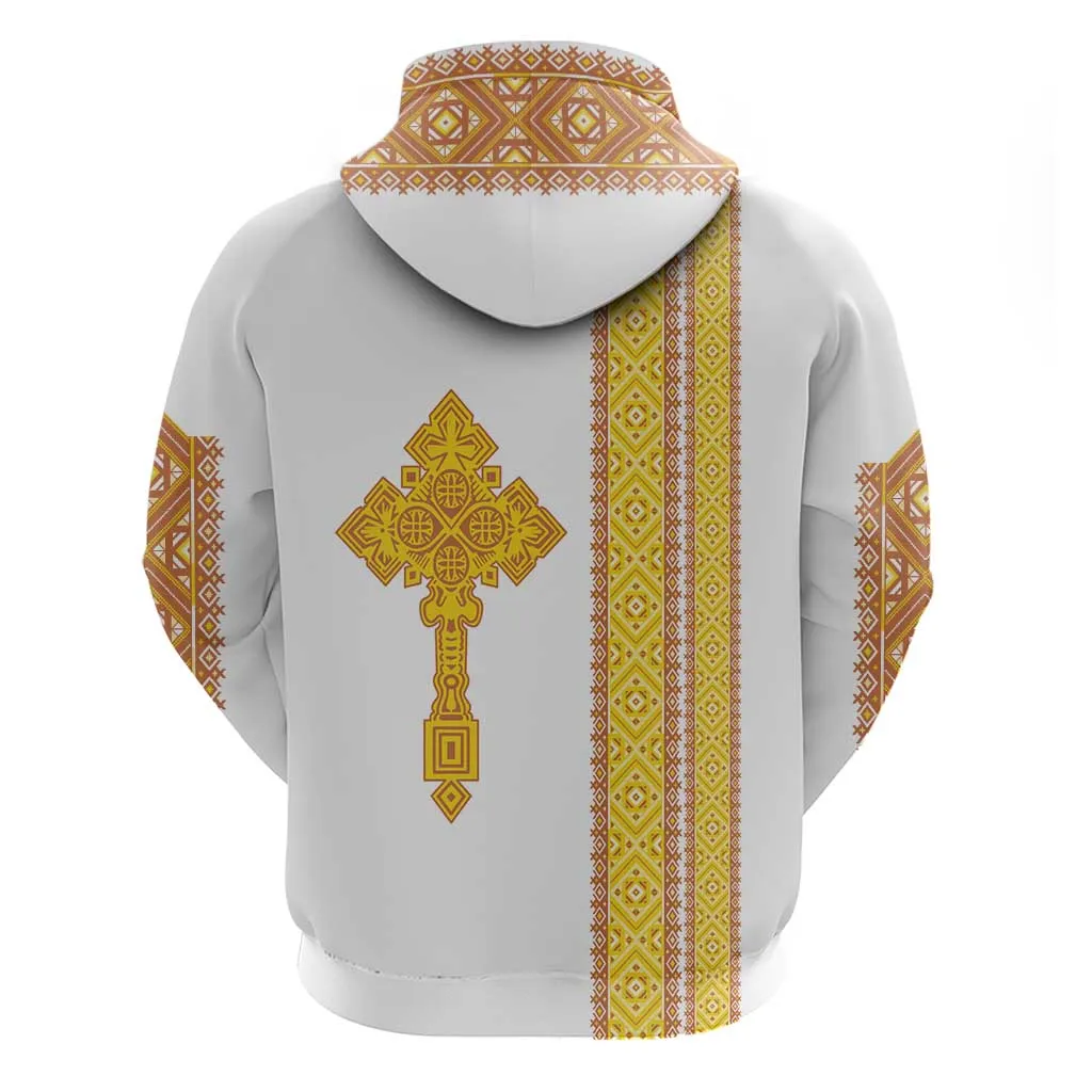 Habesha Motifs Ethiopia Zip Hoodie Tilet White Gold LT7