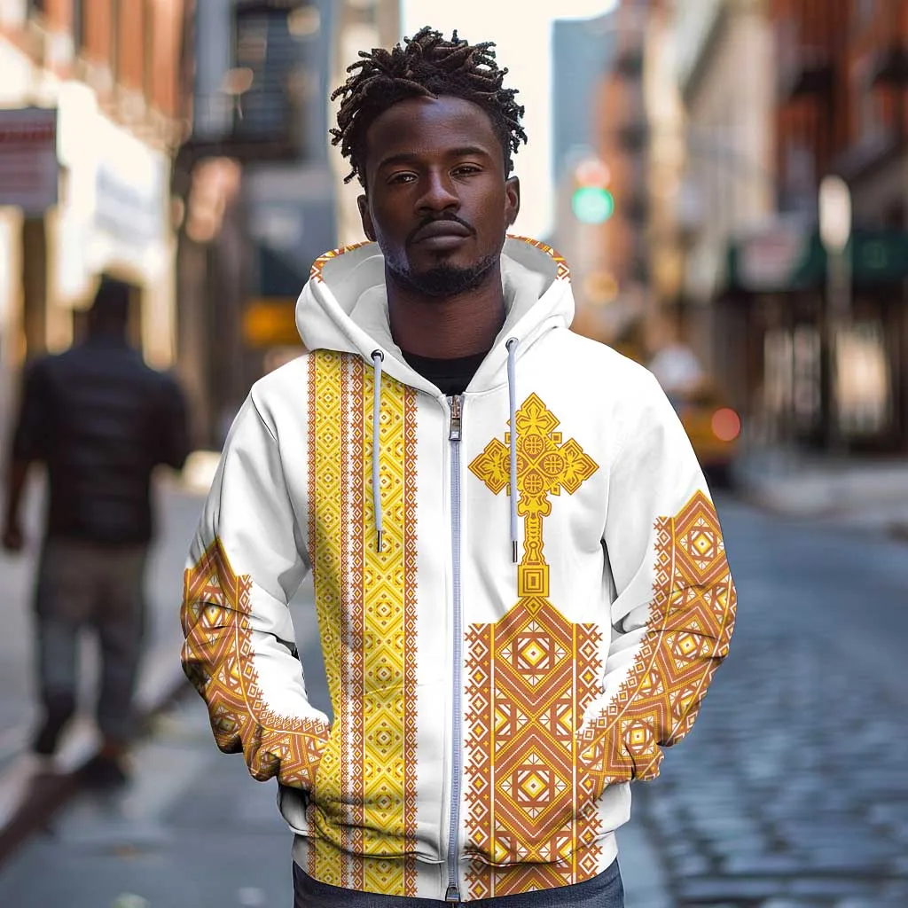 Habesha Motifs Ethiopia Zip Hoodie Tilet White Gold LT7