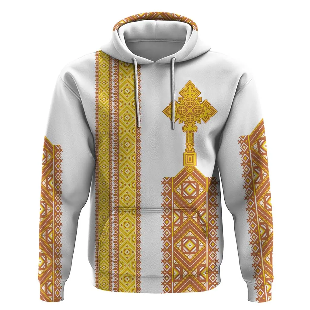 Habesha Motifs Ethiopia Zip Hoodie Tilet White Gold LT7