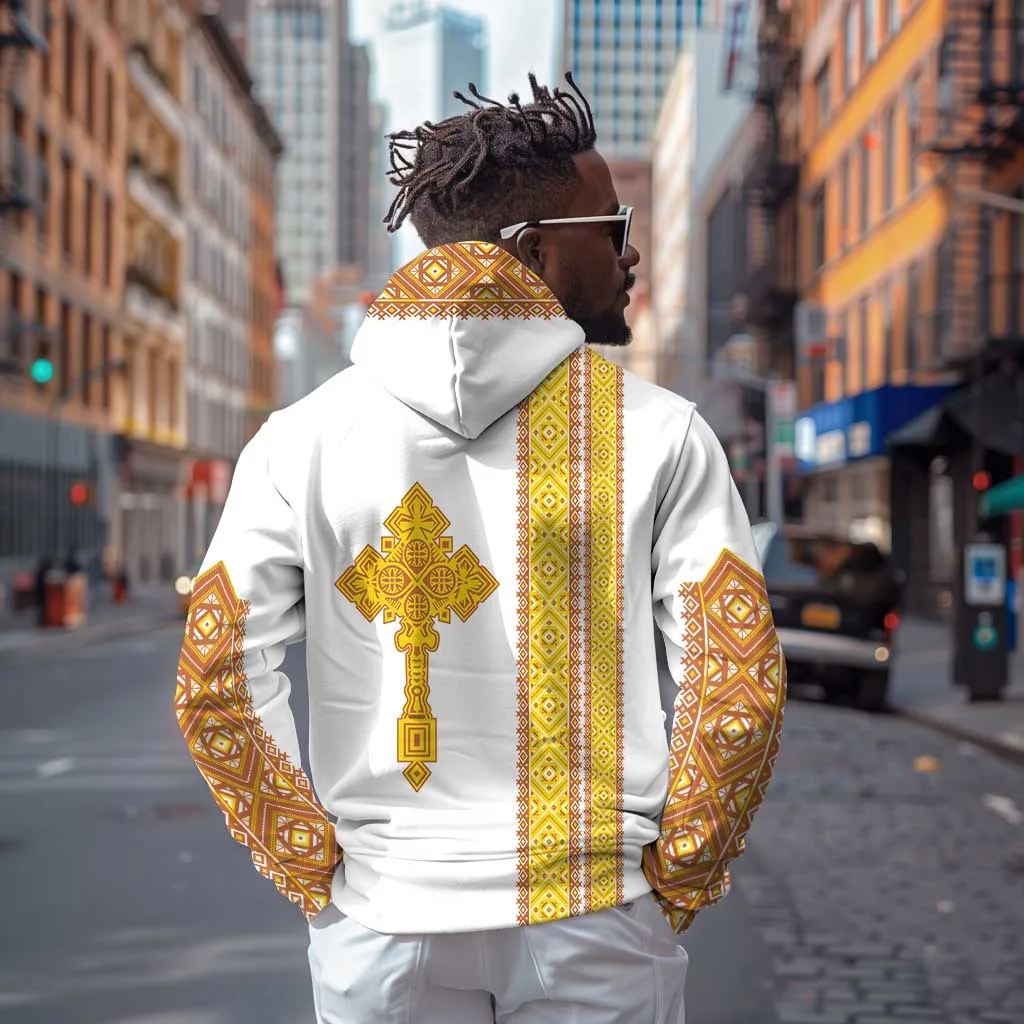 Habesha Motifs Ethiopia Zip Hoodie Tilet White Gold LT7