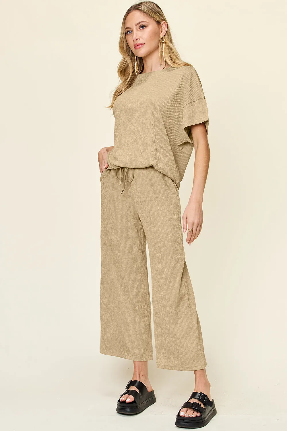 Hazel Blues® |  Double Take Texture Round Neck Short Sleeve T-Shirt and Wide Leg Pants