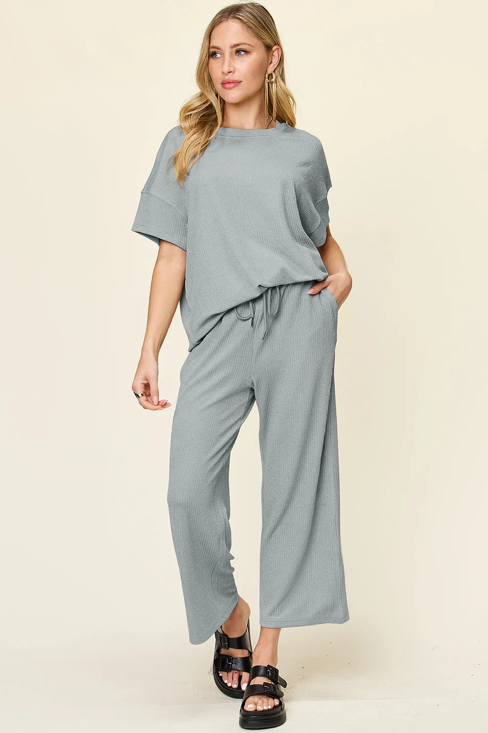 Hazel Blues® |  Double Take Texture Round Neck Short Sleeve T-Shirt and Wide Leg Pants