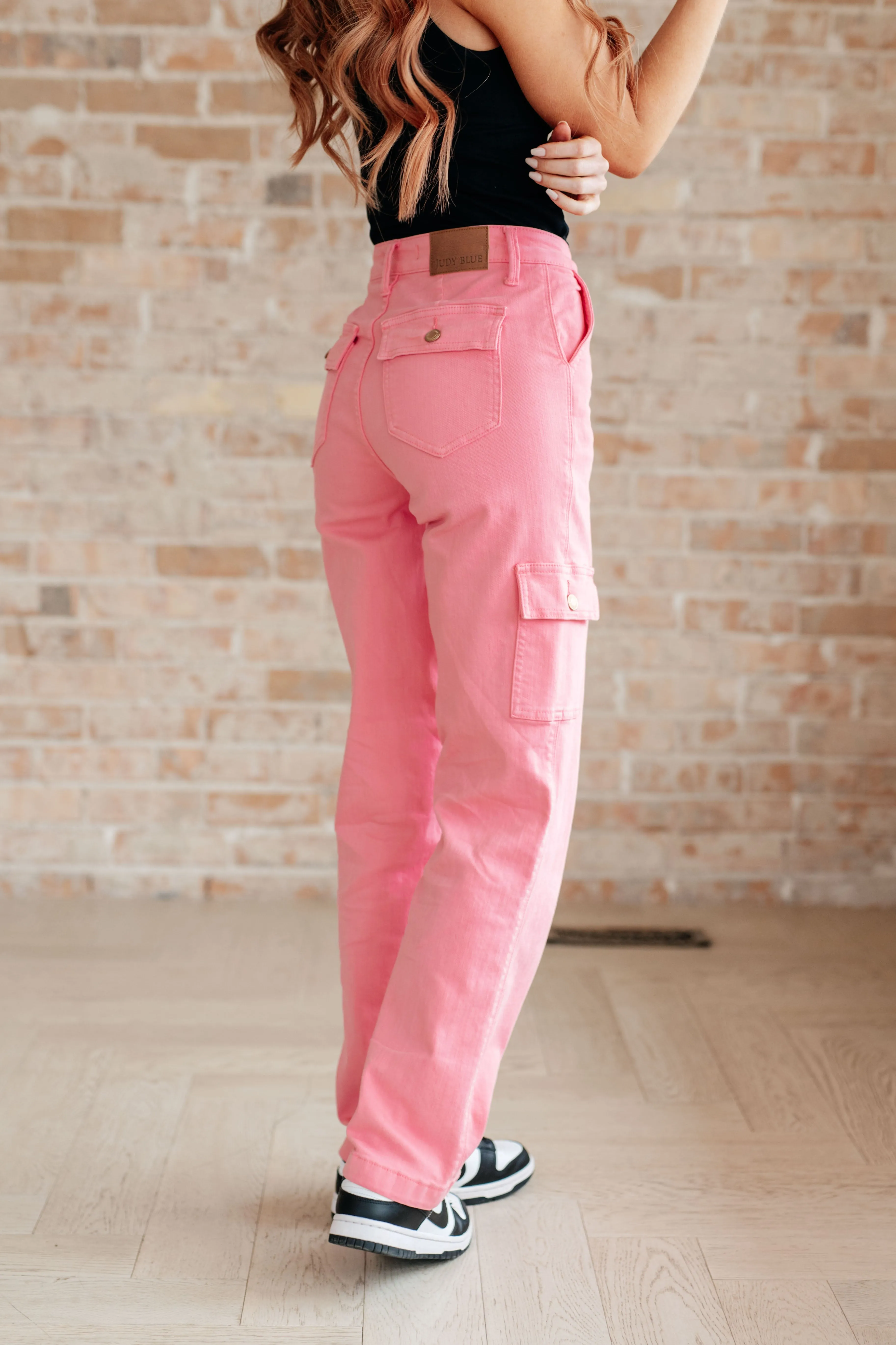 Hazel Blues® |  Peggy High Rise Cargo Straight Jeans in Pink