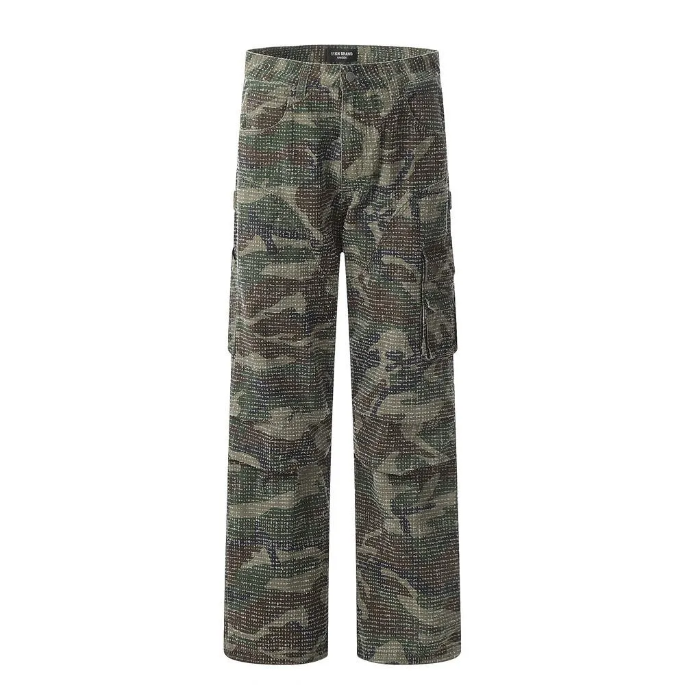 Heavy Industry Hole Scrub Camouflage Workwear Trousers Men's Outdoor Mountain Pleated Paratroopers Straight Casual Pants Hip-Hop Trendy