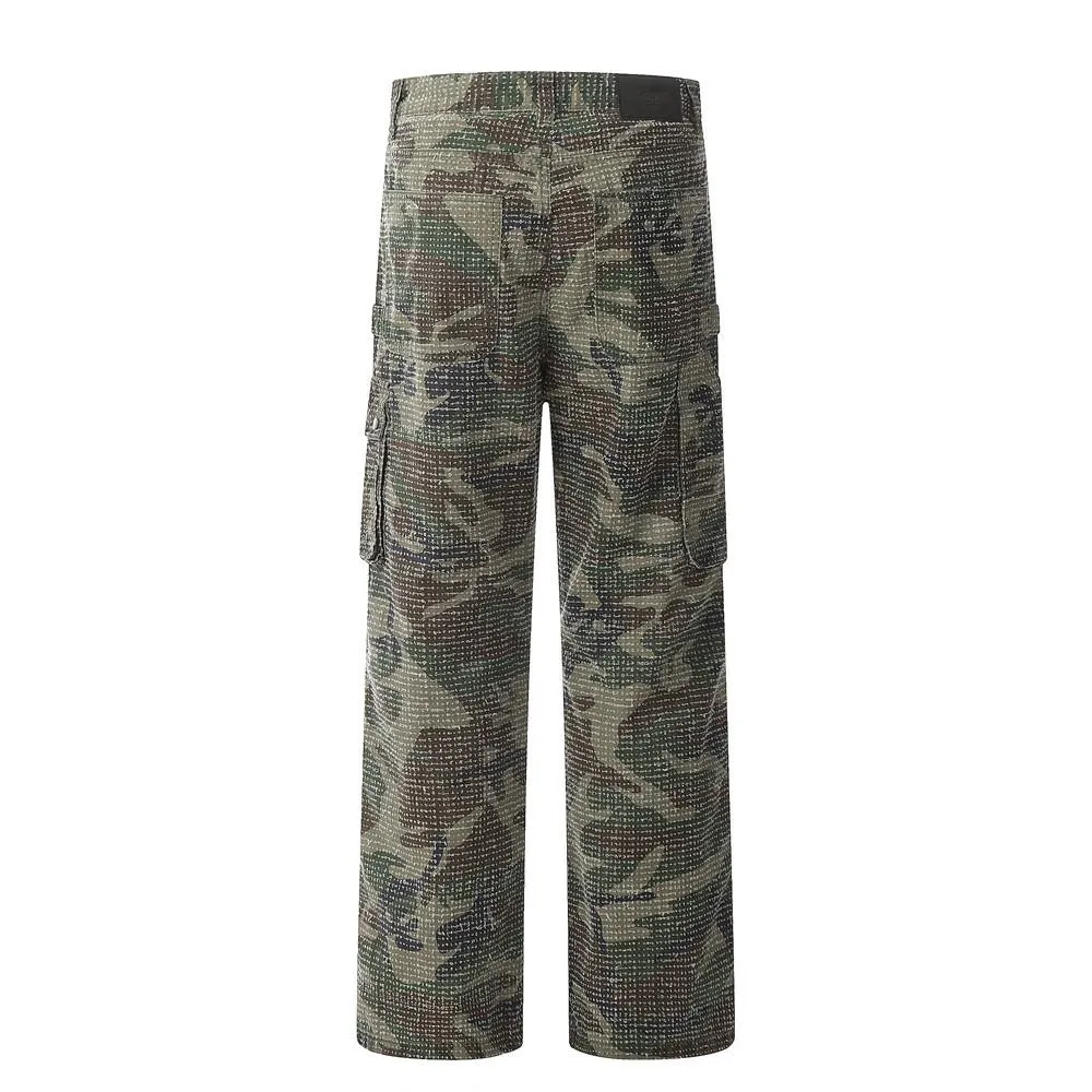 Heavy Industry Hole Scrub Camouflage Workwear Trousers Men's Outdoor Mountain Pleated Paratroopers Straight Casual Pants Hip-Hop Trendy