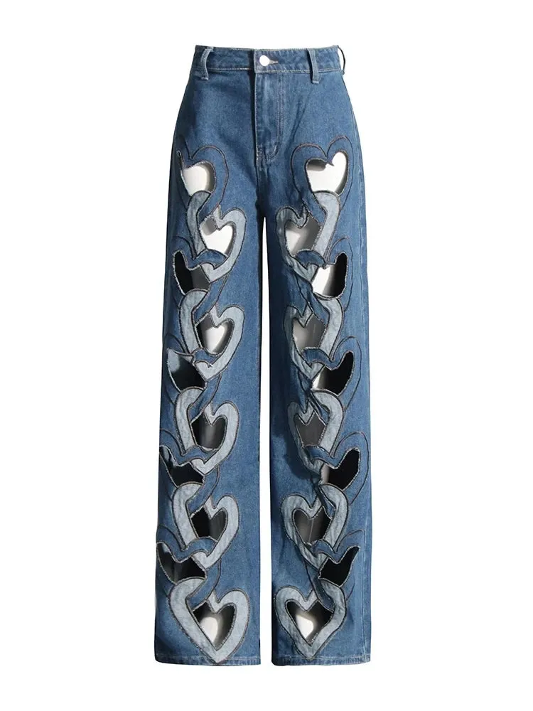 Hit Color Set Love Patchwork Wide Leg Hollow Out Jeans