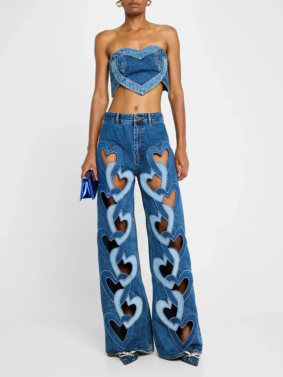 Hit Color Set Love Patchwork Wide Leg Hollow Out Jeans