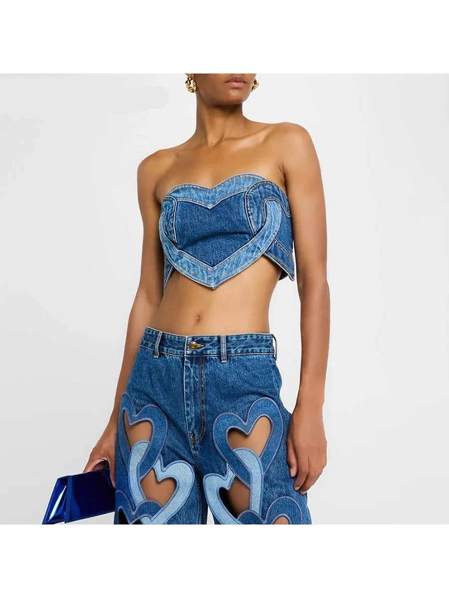 Hit Color Set Love Patchwork Wide Leg Hollow Out Jeans