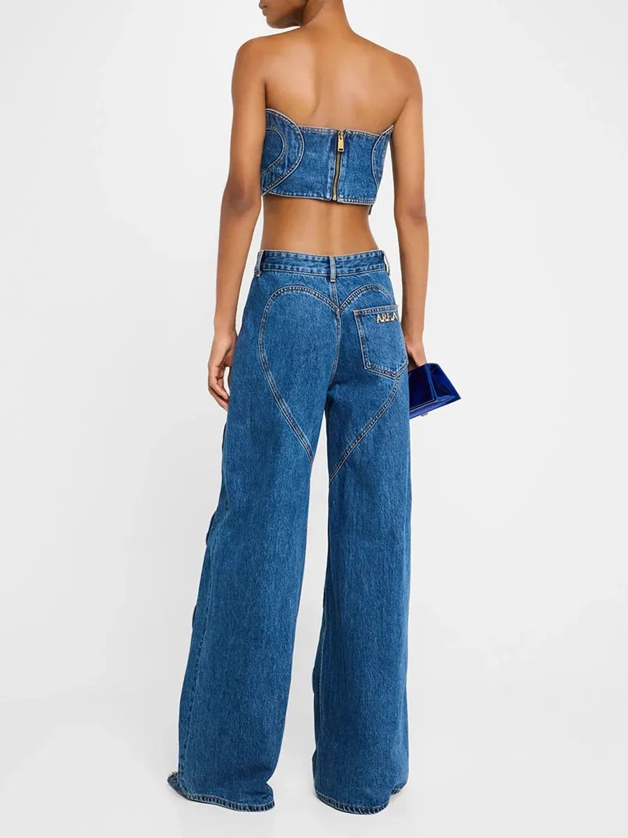 Hit Color Set Love Patchwork Wide Leg Hollow Out Jeans